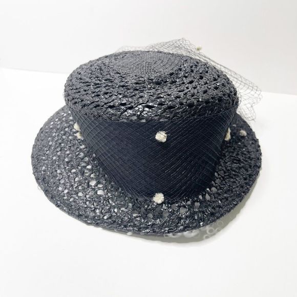 Vintage Eric Javits Black Straw Wide Brim Derby Hat Netting Flower Made in USA - Picture 2 of 5